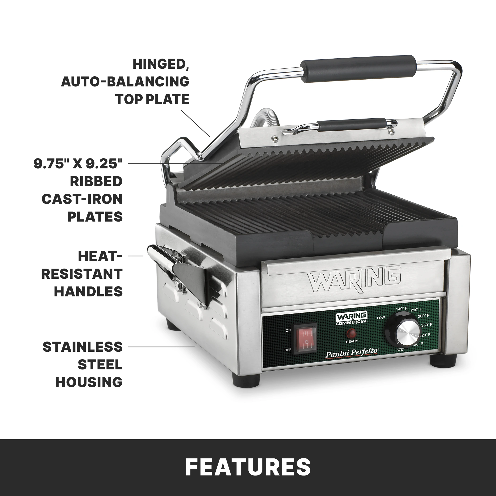 Ribbed Panini Grill, 9.75" x 9.25", 208 Volt